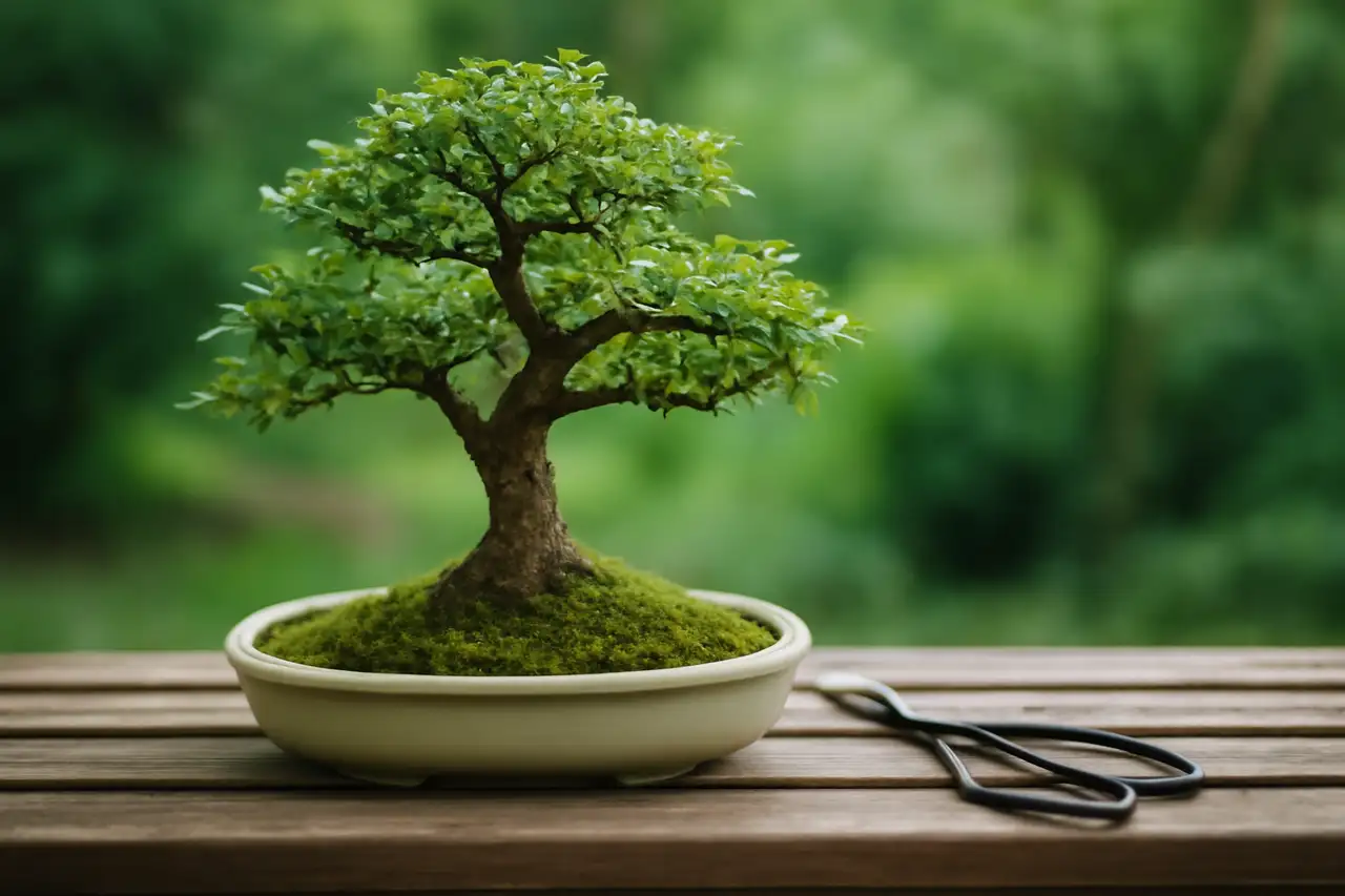 Kleine bonsai in een vlakke schaal op een houten werkbank